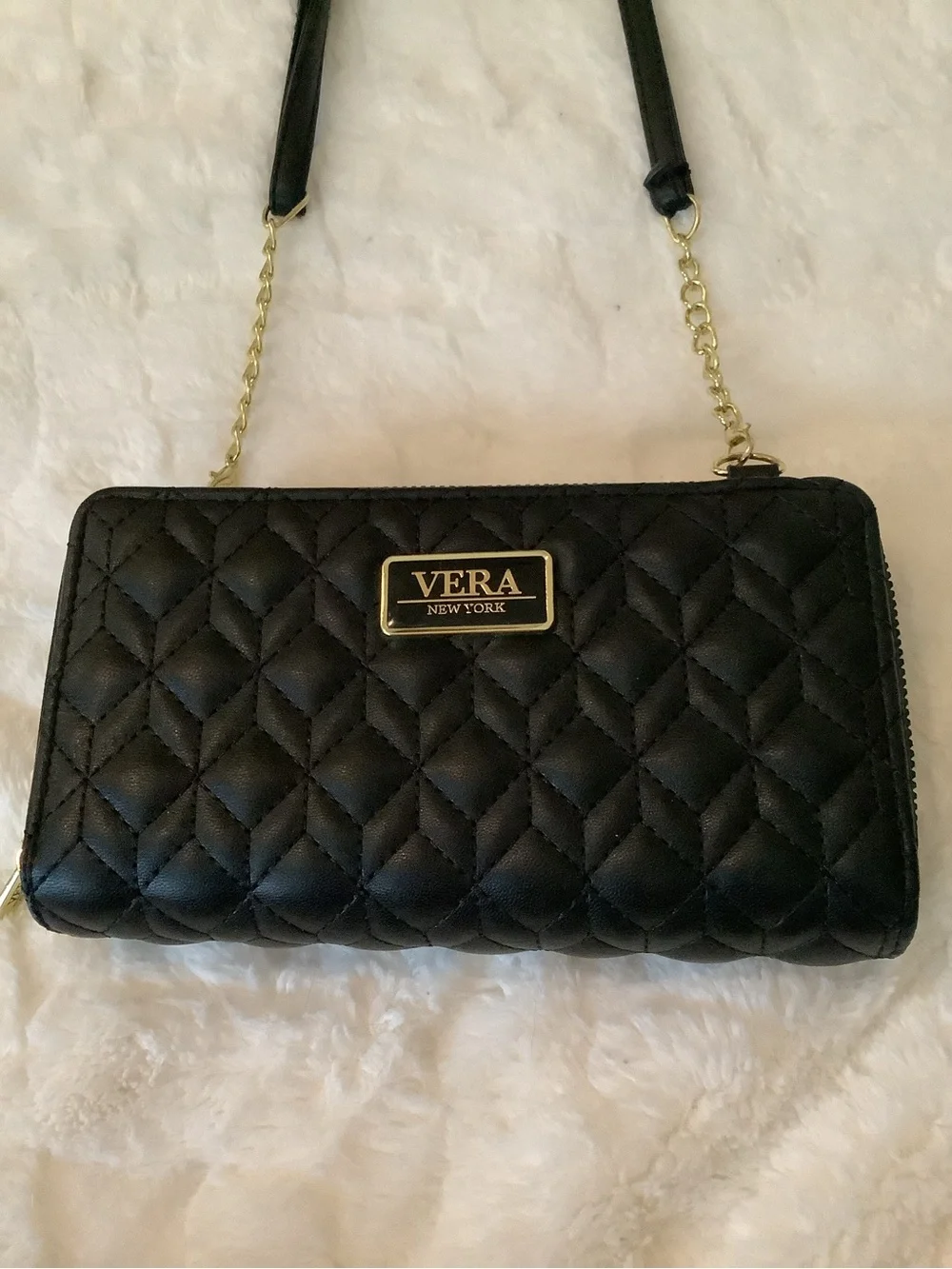Vera New York Pelle Black Quilted Crossbody with Gold-Tone Chain
